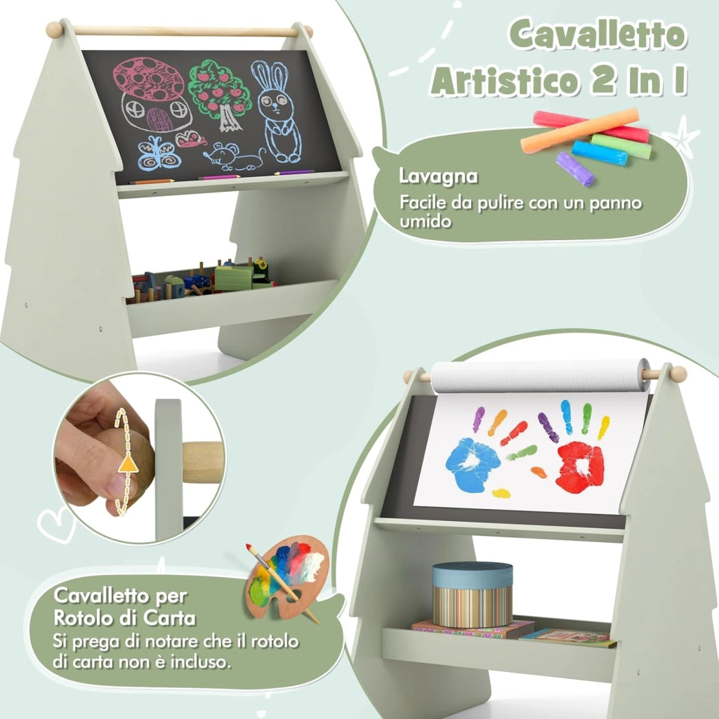 Cavalletto a Forma di Albero per Bambini con Sgabello, Set Tavolo e Sgabello con Cavalletto a 2 Lati e Scaffale per Riporre, Cavalletto da Disegno 68 x 60 x 80 cm, Verde e Naturale