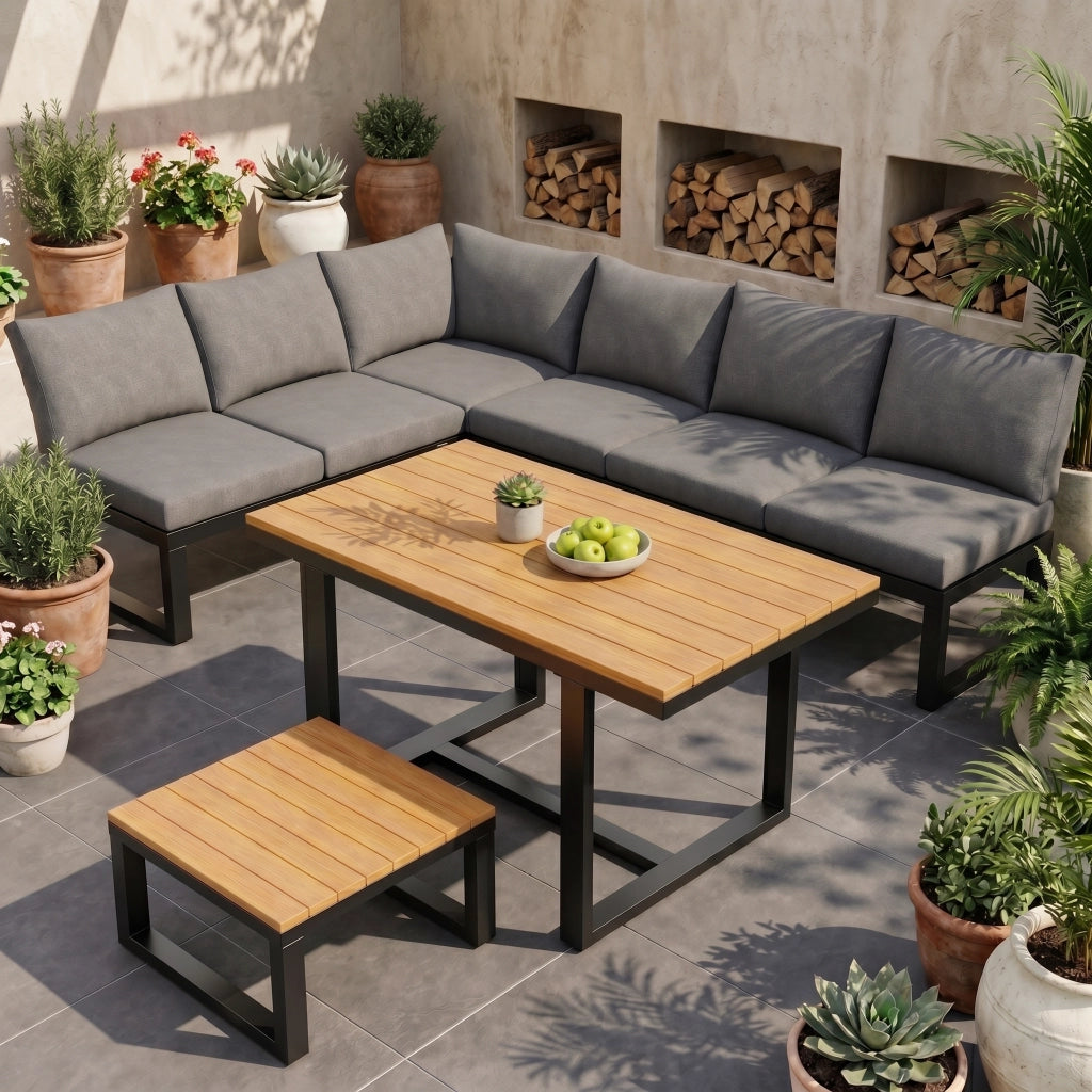 Set Giardino 6 Pezzi con Tavolo e Tavolino ¨C MINIMAL ¨C Polyrattan Grigio, Acciaio