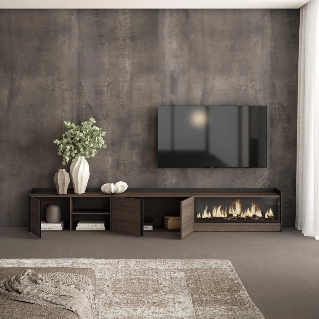 Mobile TV Soggiorno, 315x50x35 cm, Per TV fino a 80", Camino elettrico XXL, Rovere scuro e Nero