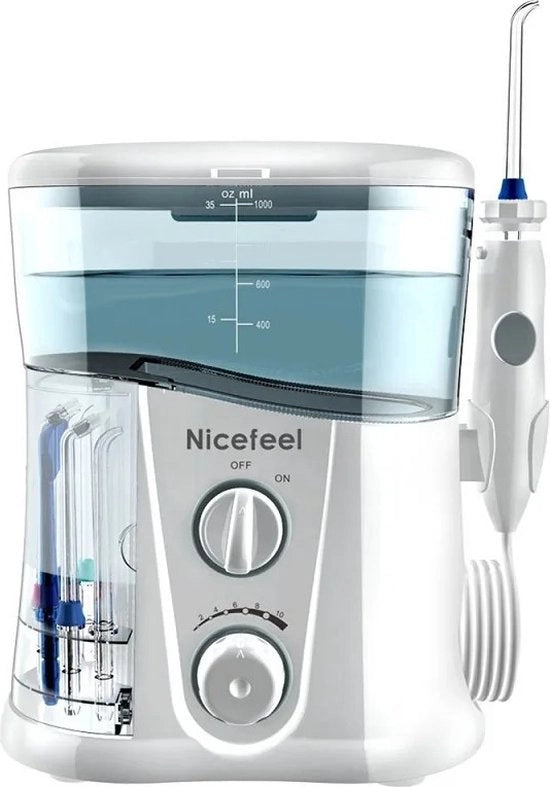 Waterflosser elettrico - Douche orale - Pulizia dentale - incl. 7 accessori - 1000ml - Potente - Bianco