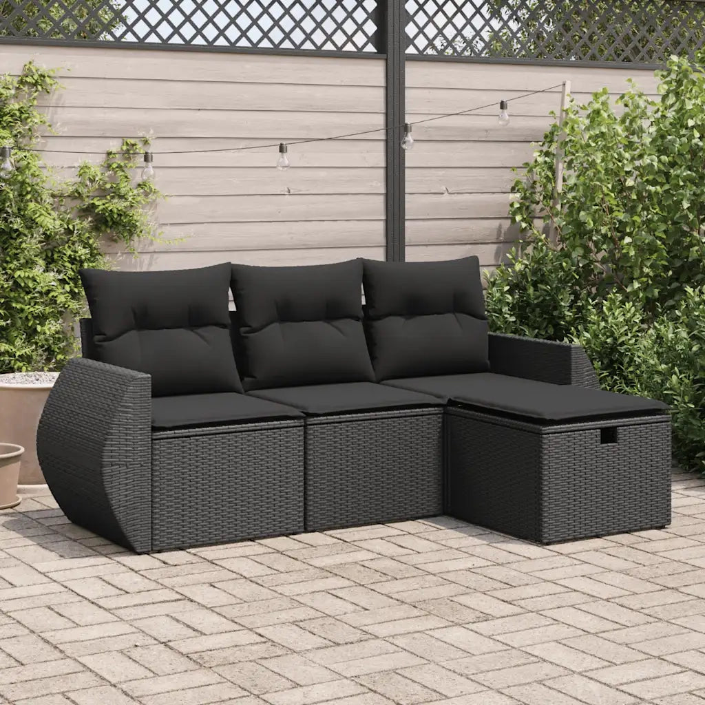 Set Divani da Giardino 4 pz con Cuscini Nero in Polyrattan 3325551