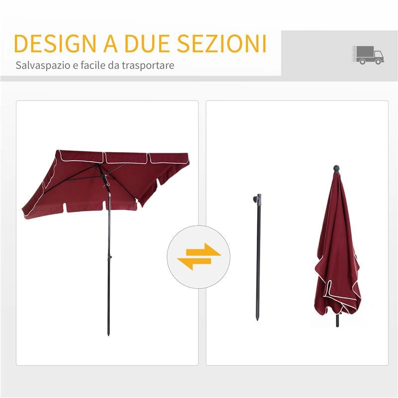 OMBRELLONE DA GIARDINO RETTANGOLARE E REGOLABILE CON PALO IN ALLUMINIO 2X1.3X2.5 M ROSSO VINO