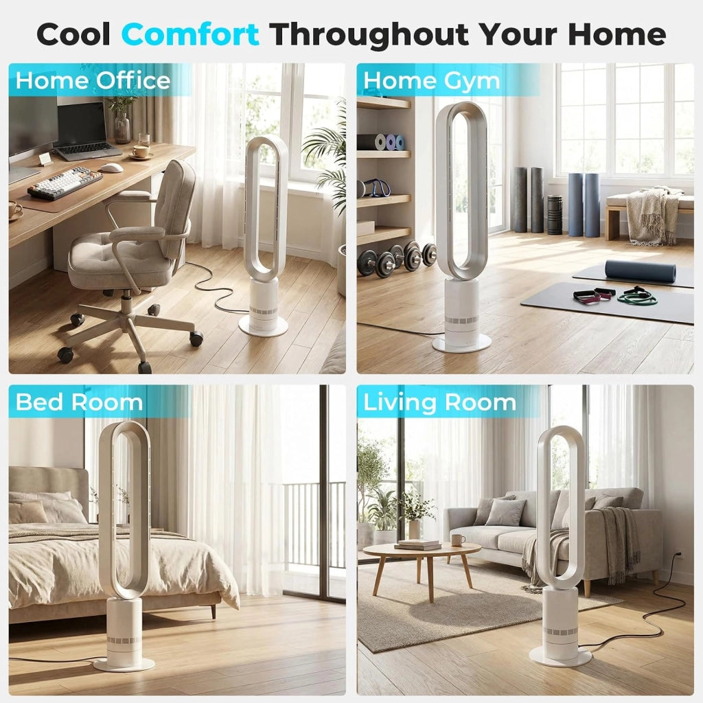 Ventilatore a torre senza lama, 10 velocità, oscillante a 71°, timer 9H, con telecomando, sicurezza per bambini, silenziatore, con display a LED, per camera da letto, ufficio