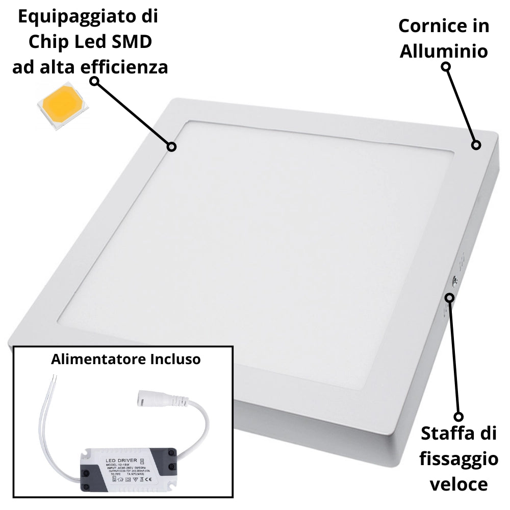 Plafoniera led soffitto 24watt slim quadra alimentatore incluso *** temperatura colore lampada 4500k bianco naturale,...