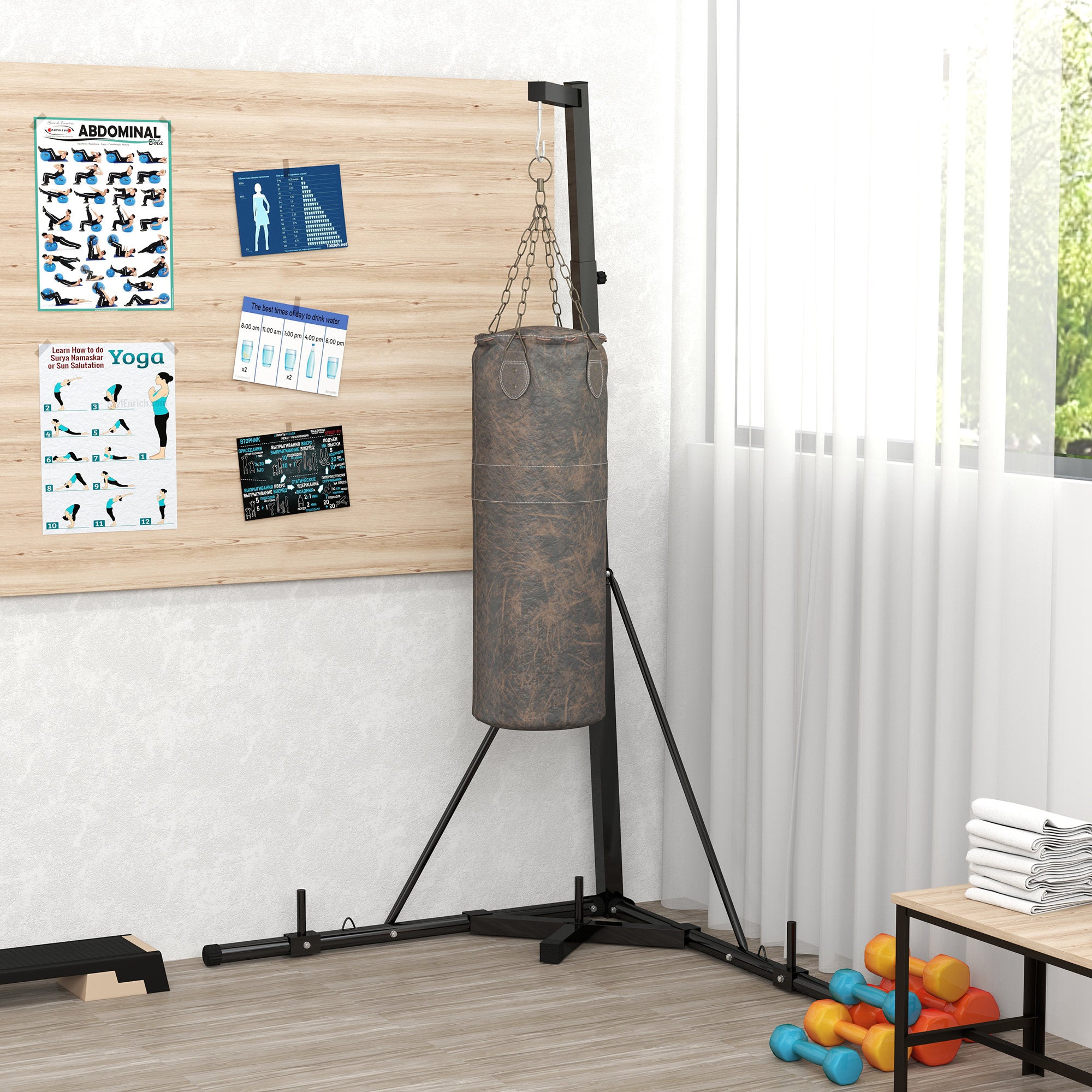 Supporto Sacco da Boxe Autoportante 170x90x182-225 cm in Acciaio Nero