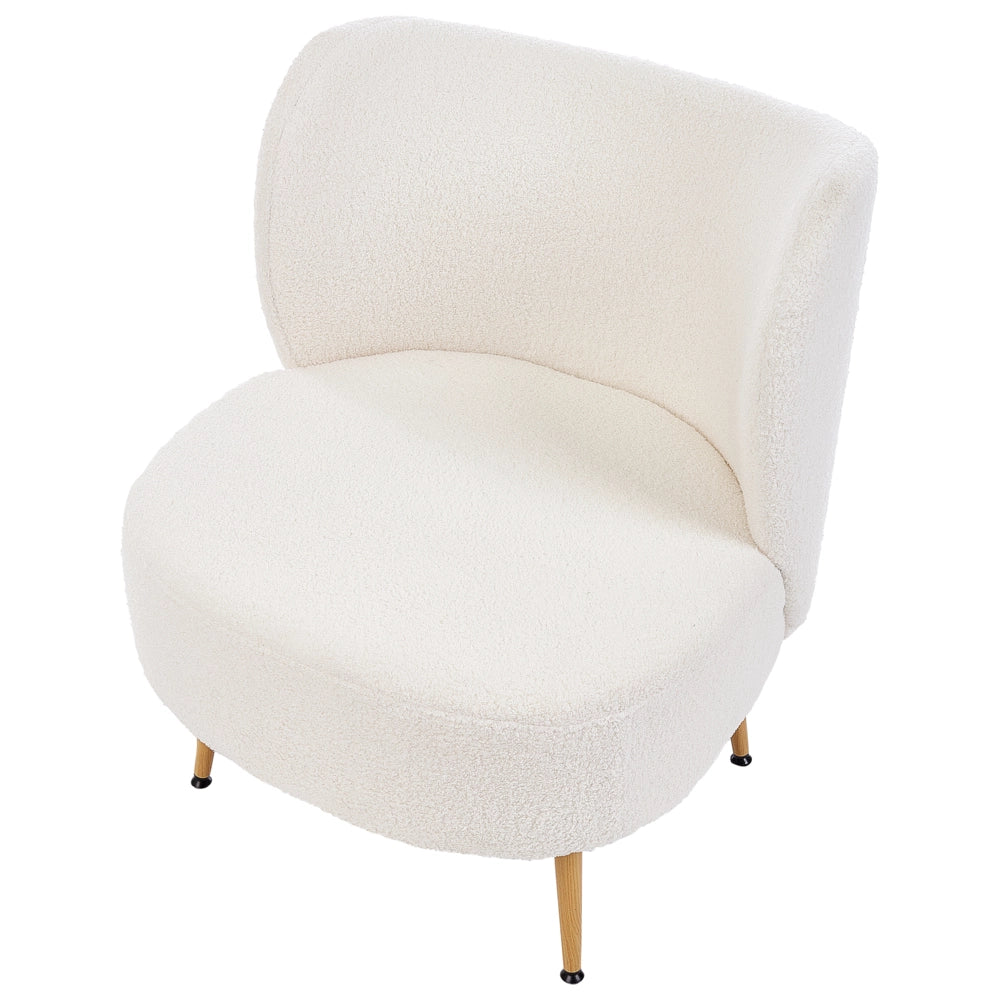 Poltrona Bianco sporco Boucle Tessuto Morbido Nubby Legno Chiaro Gambe Metallo Schienale Curvo Stile Retro Glam Art Decor