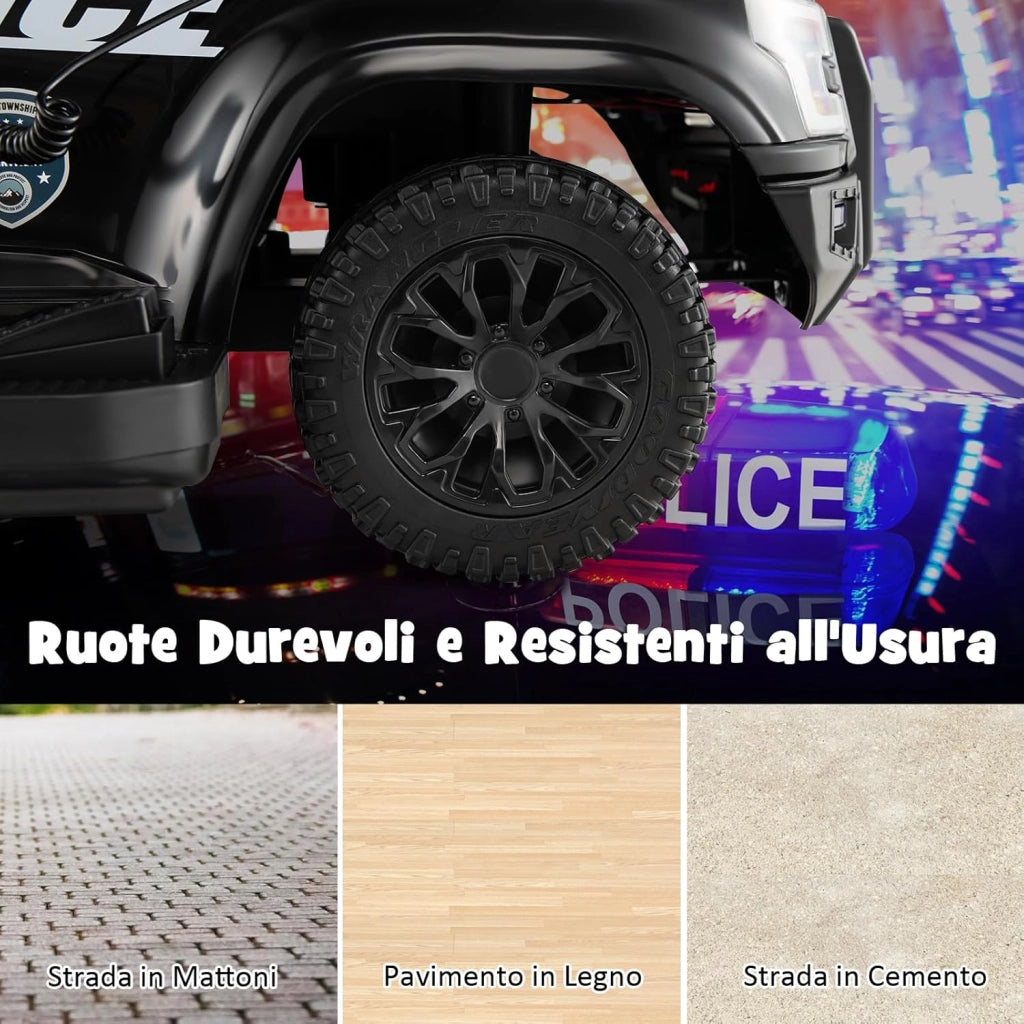 Auto Elettrica per Bambini, Auto della Polizia Giocattolo con Clacson Luce di Avvertimento e Suono della Sirena, Velocità 3 km/h, per Bambini 18-60 Mesi (Nero)