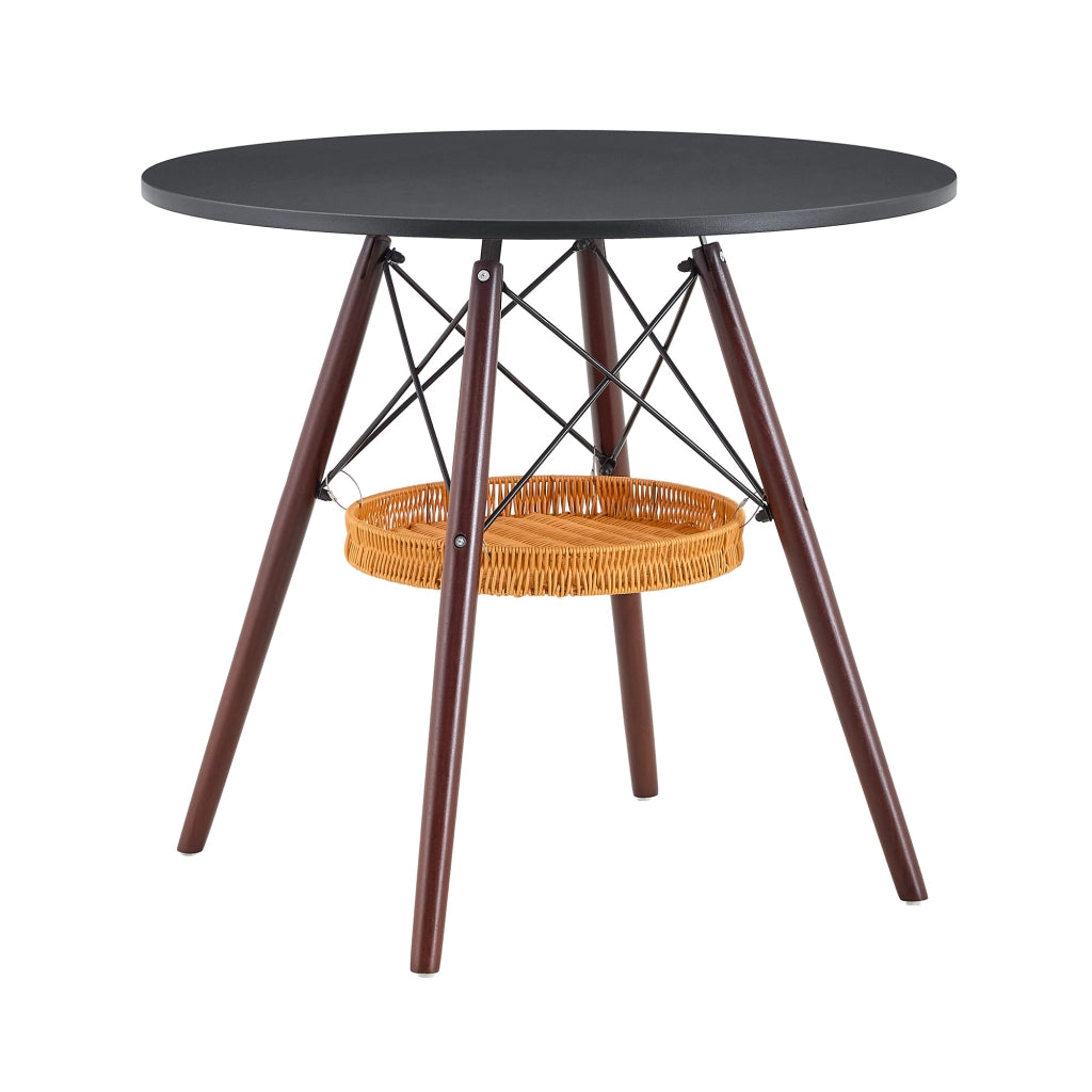 Tavolo rotondo 80 cm in MDF nero e legno massello noce con cestello portaoggetti sospeso