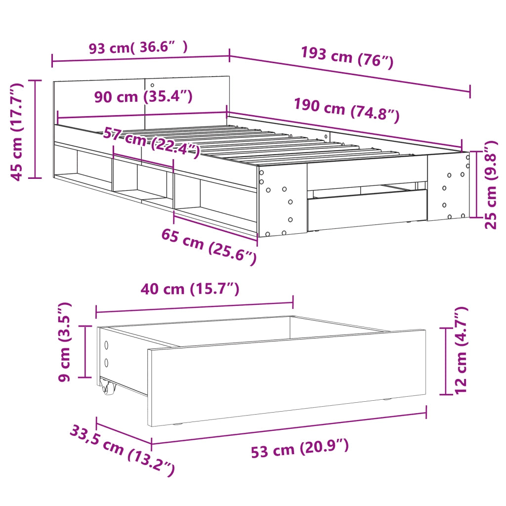 Giroletto con Cassetto Nero 90x190 cm in Legno Multistrato 3280784