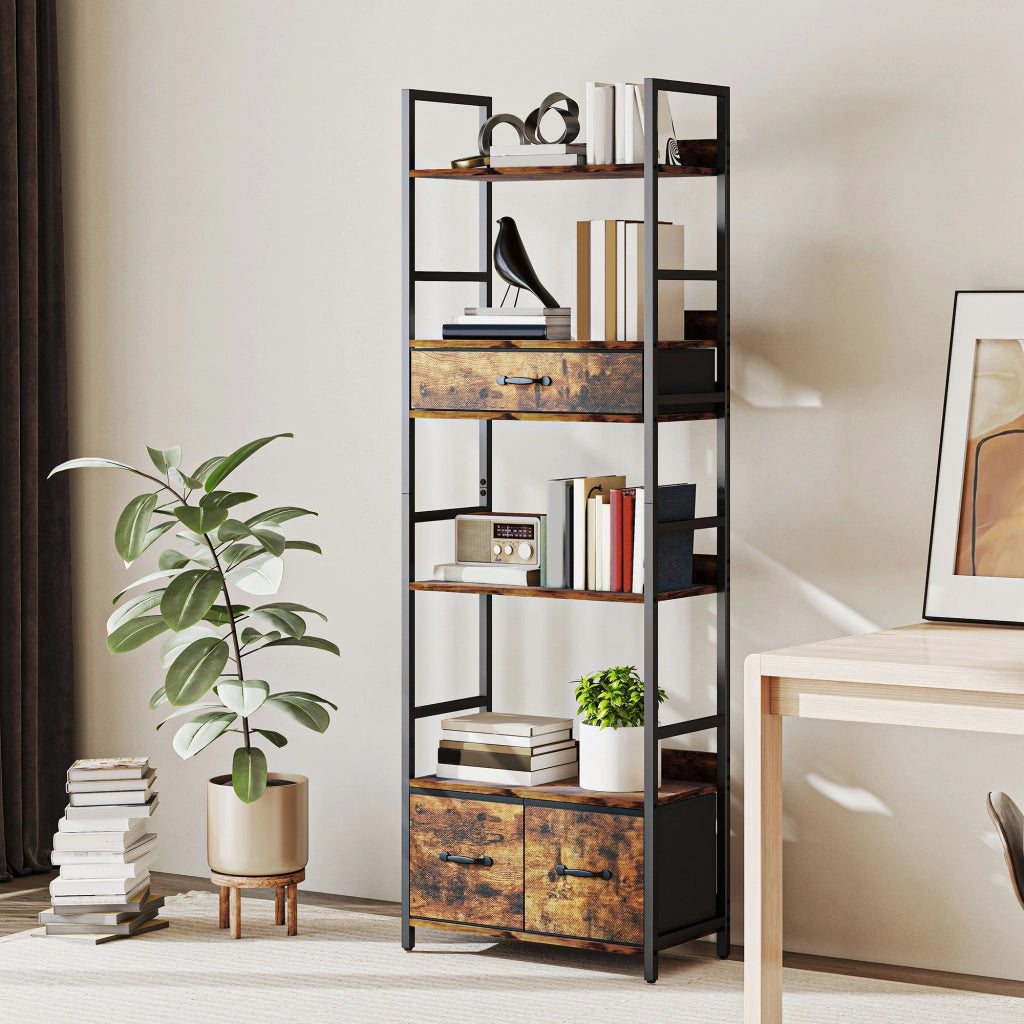Libreria 6 Livelli con Cassetti Tessuto ¨C Zephmum ¨C 60x30x176cm Marrone Rovere