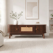 Tavolino da caffè 110 cm con rattan, ante scorrevoli e cassetti