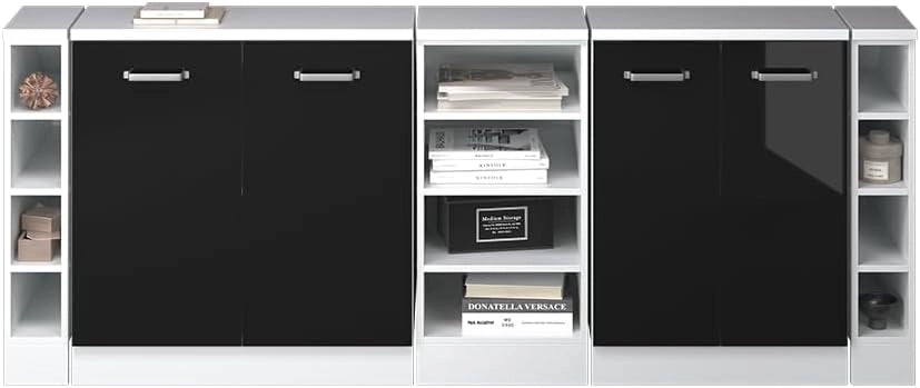 Set di mobili sottotetto Rion, Nero lucido, 210 cm Set di 5 carcasse armadio profondità 60 cm, adatto per il salvaspazio sotto tetti spioventi
