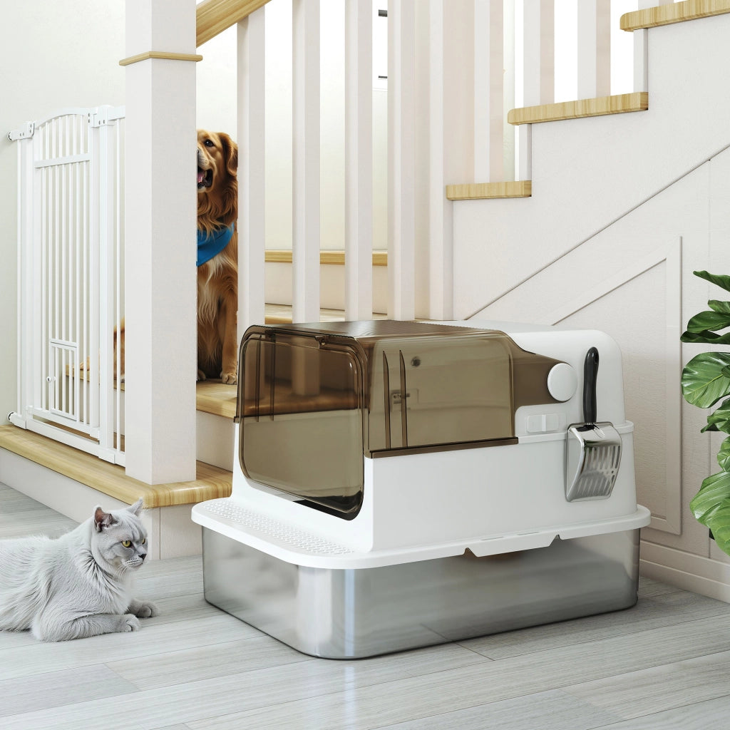 Cassettiera per gatti in acciaio inox con paletta ¨C zephmum ¨C 70x50x46,5 cm bianco