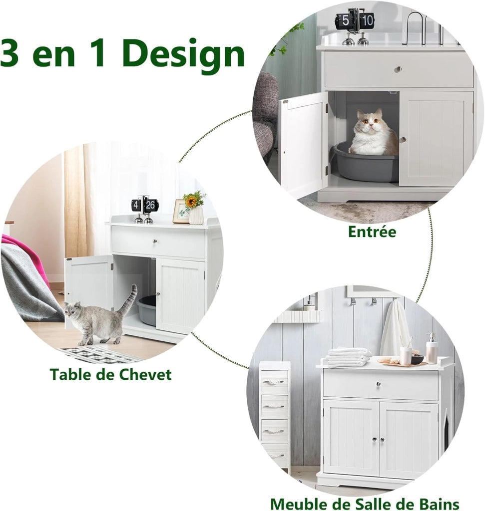 Mobile Lettiera per Gatti con 2 Ante e Cassetto, Armadio per Gatto in Legno con Ingresso Laterale, Grotta Rifugio Multiuso per Soggiorno, Camera da Letto e Ingresso, 76 x 53 x 74 cm (Bianco)