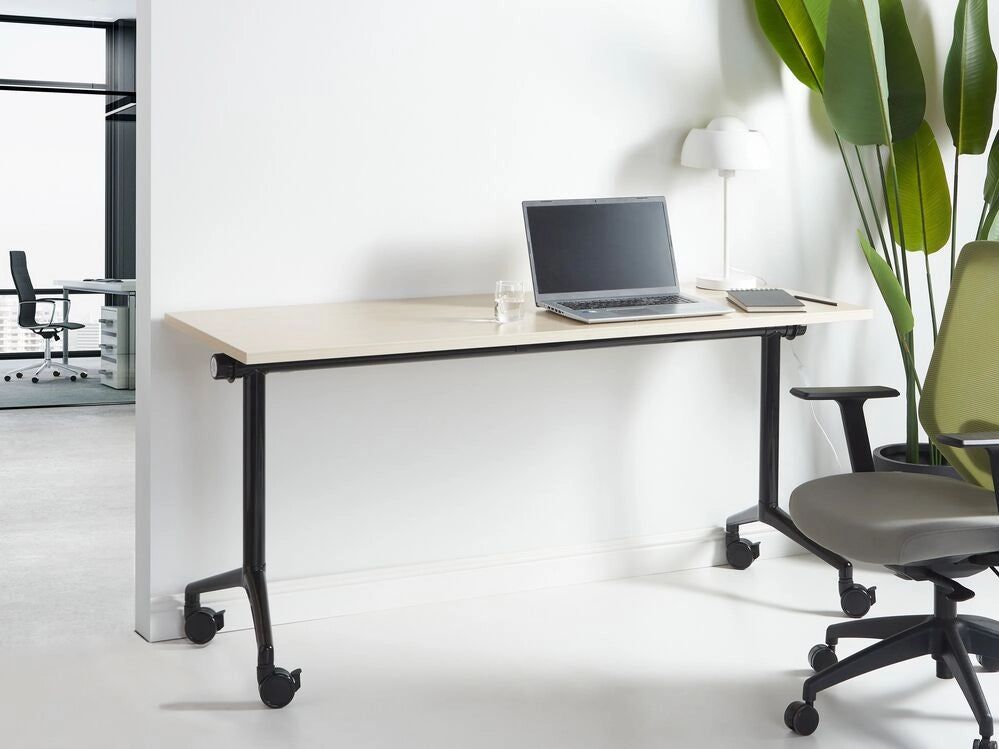 Scrivania rettangolare pieghevole con rotelle portatile con struttura in metallo marrone chiaro e nero 160 x 60 cm stile moderno