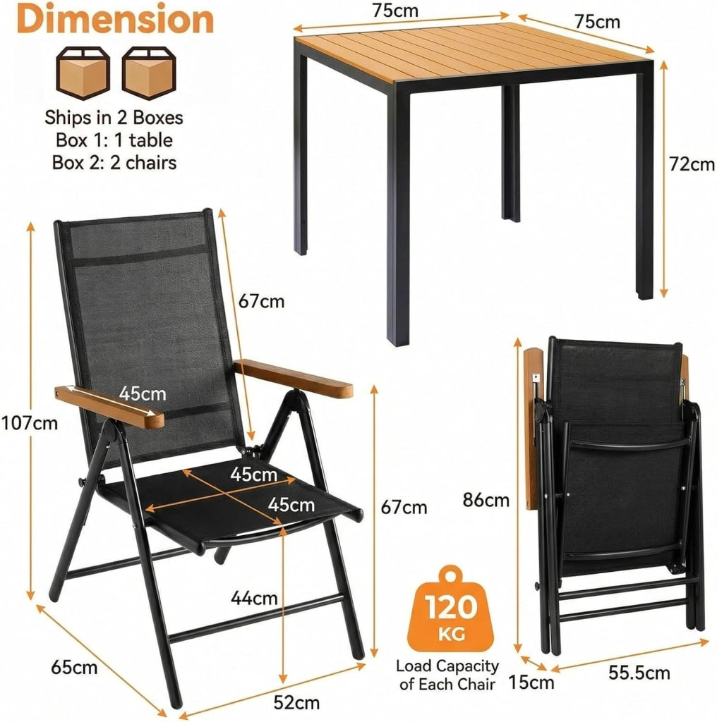 Set di mobili da giardino LIFERUN in alluminio 3 pezzi, set per balcone 2 sedie 1 tavolo, tavolo da giardino WPC + 2 sedie da giardino a schienale alto pieghevoli e resistenti alle intemperie in