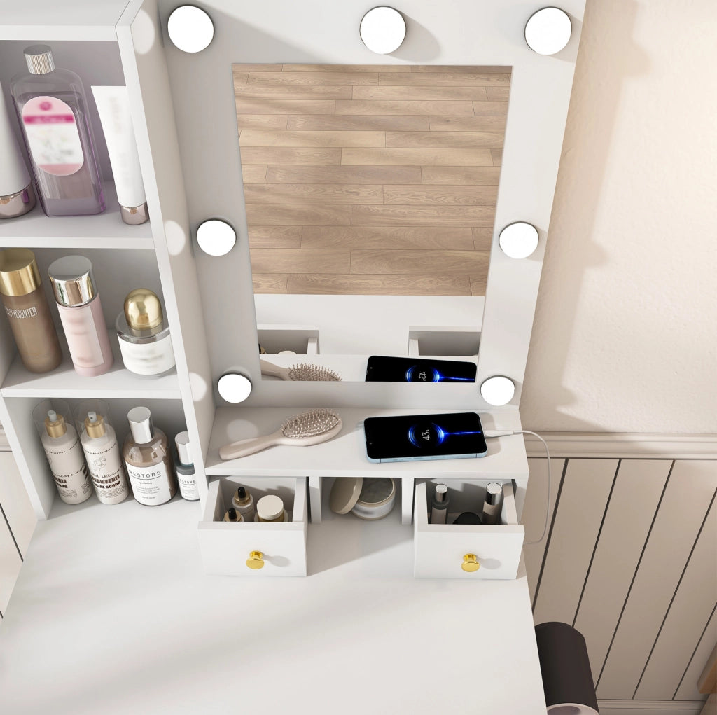 Tavolo da trucco con specchio LED a 3 modalità; presa e supporto asciugacapelli in MDF bianco