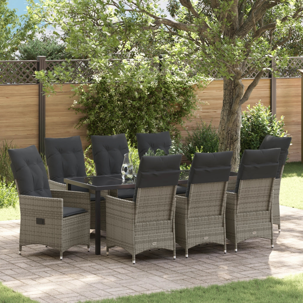 Set da Pranzo da Giardino 9 Pezzi con Cuscini Grigio Polyrattan