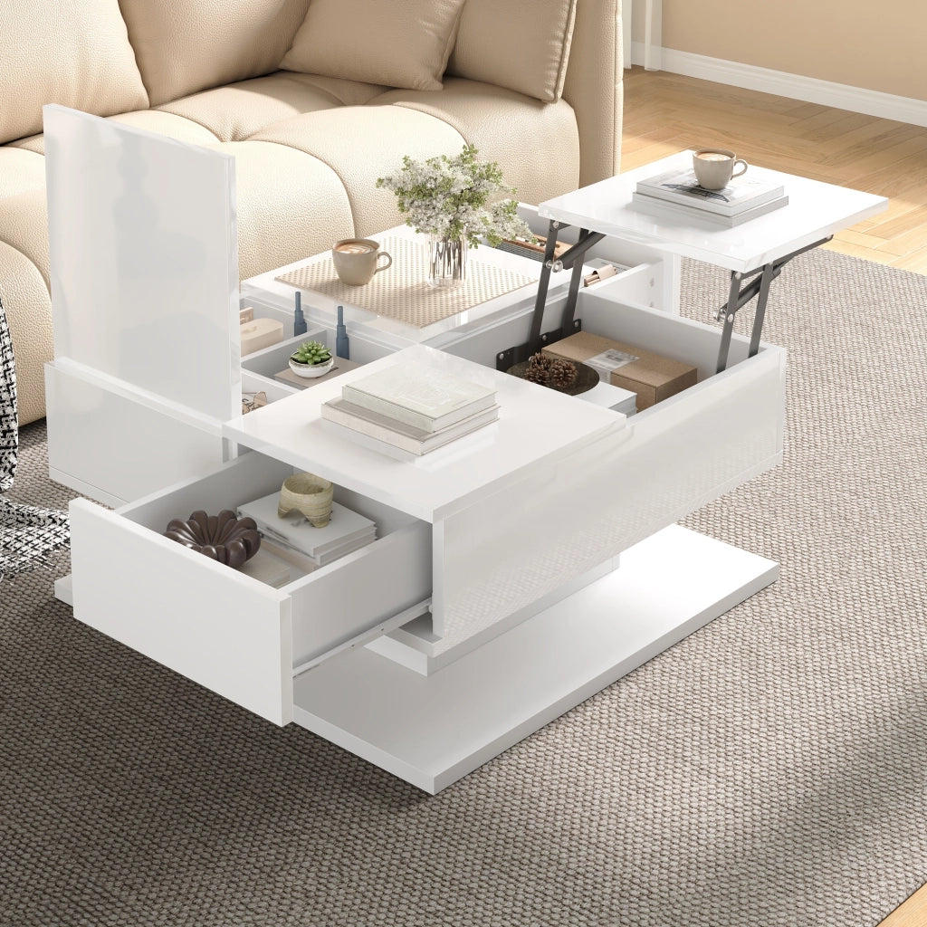 Tavolino da caffè multifunzione 72x72 cm con piano elevabile; LED e cassetti bianco