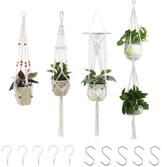 5 pezzi di corone per piante - con ganci - ceste da giardino in macramè - manichini per piante in cotone - corone per piante in vasi - diverse misure - adatto per interni, esterni, giardino, balcone, terrazzo e finestra - beige
