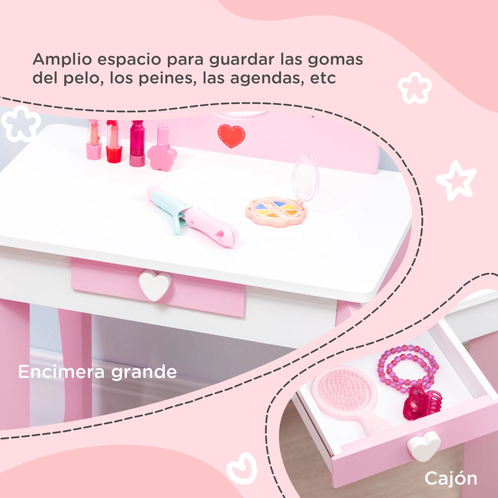 Toeletta bambini con sgabello e specchio ¨C Xylo ¨C legno rosa 50x36,5x89,5cm 3-6 anni