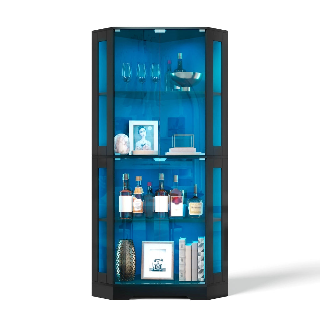 Vetrina angolare in vetro con LED RGB 40x40x165 cm nera, mobile cucina con 4 ante e ripiani regolabili