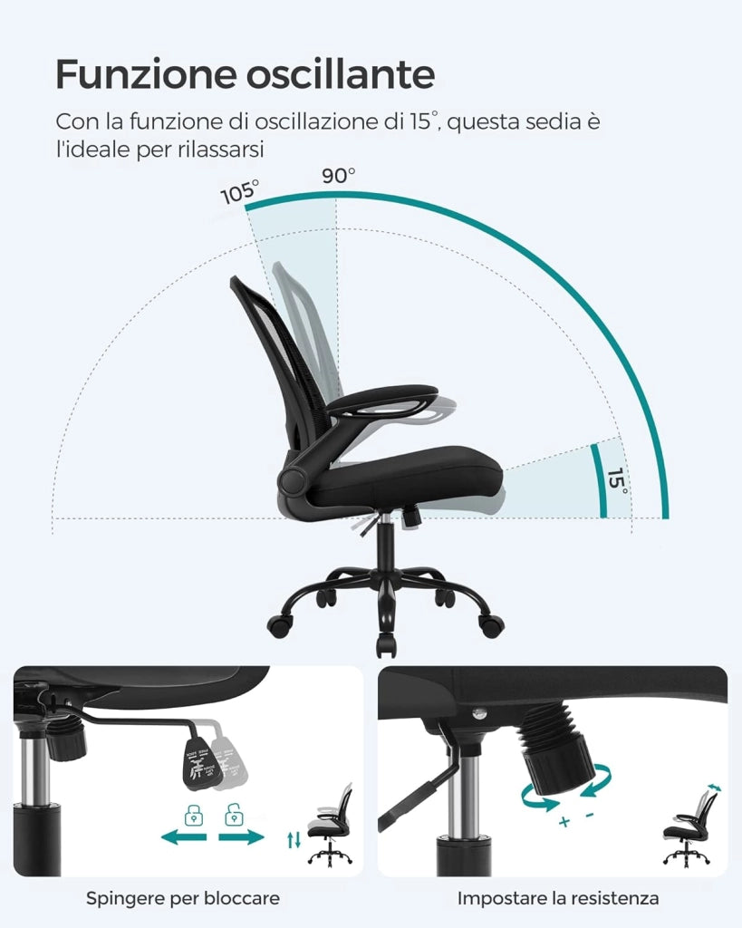 SONGMICS Sedia da Ufficio Girevole, Sedia di Rete da Computer Ergonomica, Supporto Lombare, Oscillante, Seduta 53 cm, Braccioli Pieghevoli, Nero OBN37BK
