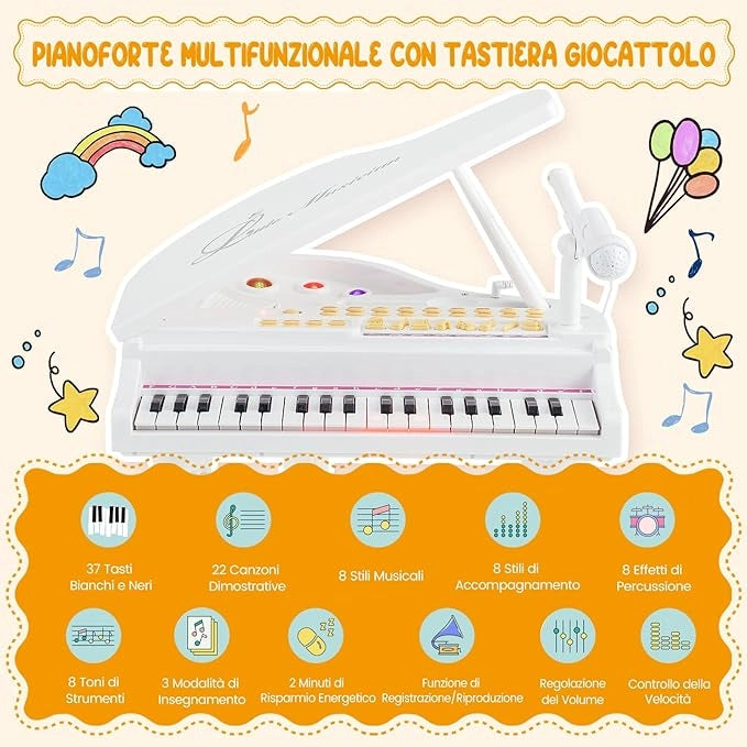 Pianoforte per Bambini a 37 Tasti, Set Pianoforte con Microfono Regolabile, con Funzione di Registrazione e Riproduzione, Giocattolo Tastiera Musicale per Bambini 3+ Anni (Bianco)