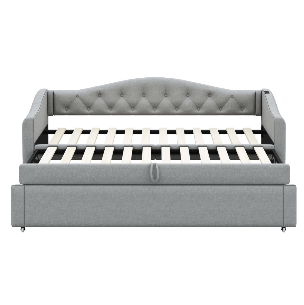 Letto imbottito 90x200 cm multifunzionale con USB in lino grigio