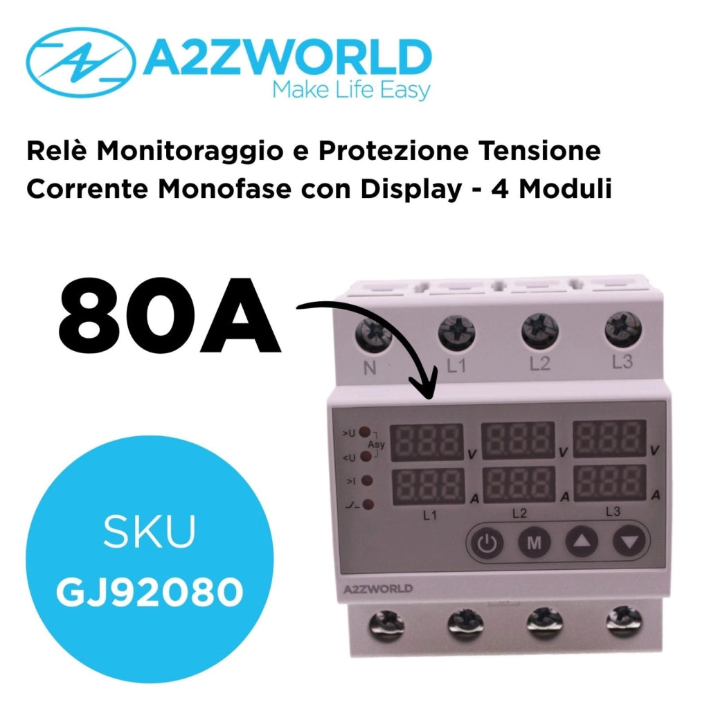 Relè Monitoraggio e Protezione Tensione Corrente con Display, 4P Trifase 80A AC220V, Protezione Sovra/Sottotensione e Sovracorrente, Guida DIN, Ingresso da Sotto, GPS8-03