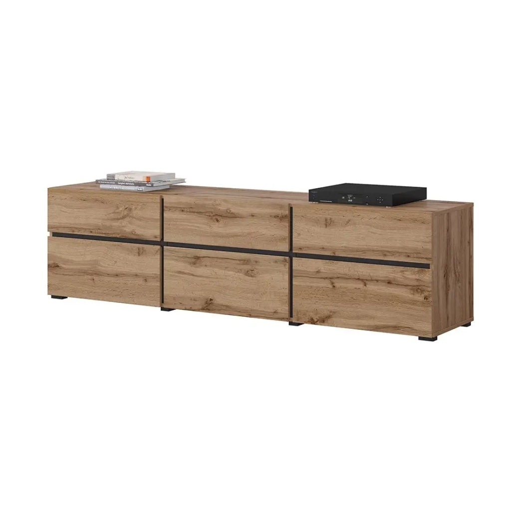 Mobile TV 180cm color rovere e nero collezione HAVANA. Mobile design con 3 porte e 3 cassetti.