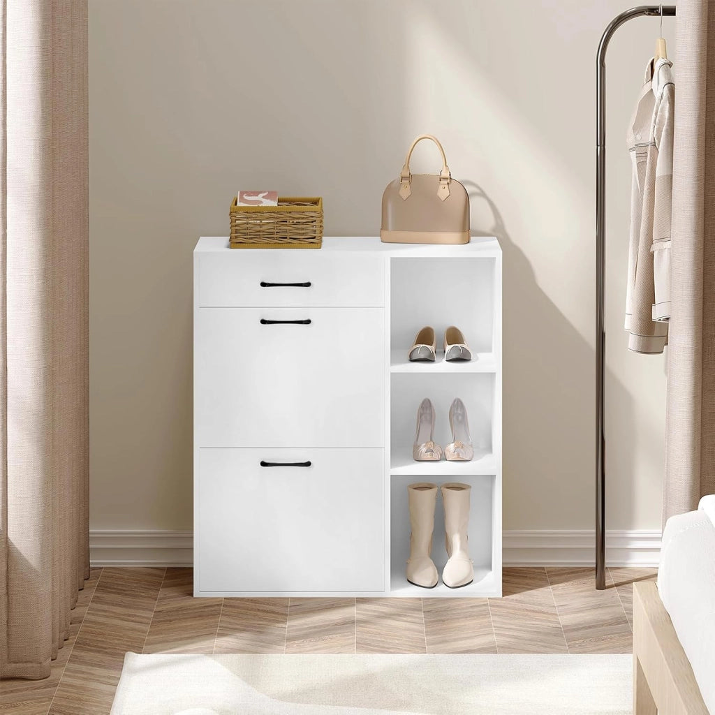 Scarpiera a Ribalta, Scarpiera da Ingresso con Ripiani Aperti, Porta Scarpe con Cassetto, Organizer per Scarpe, Stivali, in Legno, Bianco, 80,2x30x90 cm