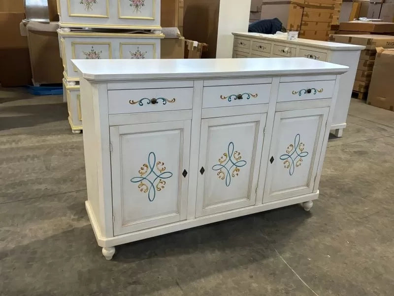 Credenza 3 porte legno shabby bianco anticato decori 150x43x98 - Mobili 2G