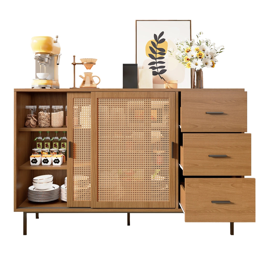 Credenza con 2 Ante Scorrevoli; 3 Cassetti e Ripiani Regolabili; Stile Country; in Pannello Truciolare; Natural; 140??37??91 cm