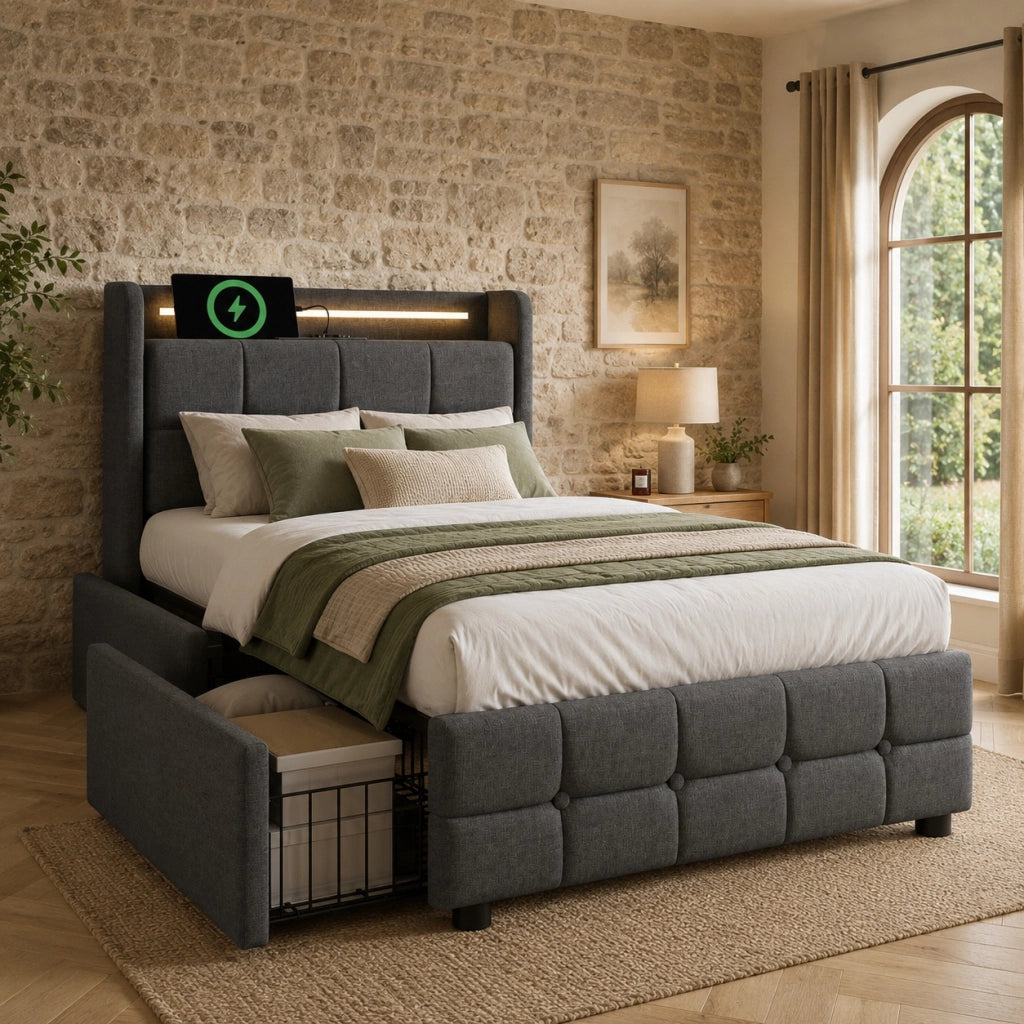 Letto singolo imbottito – 90x200 cm – USB LED 2 cassetti – legno grigio