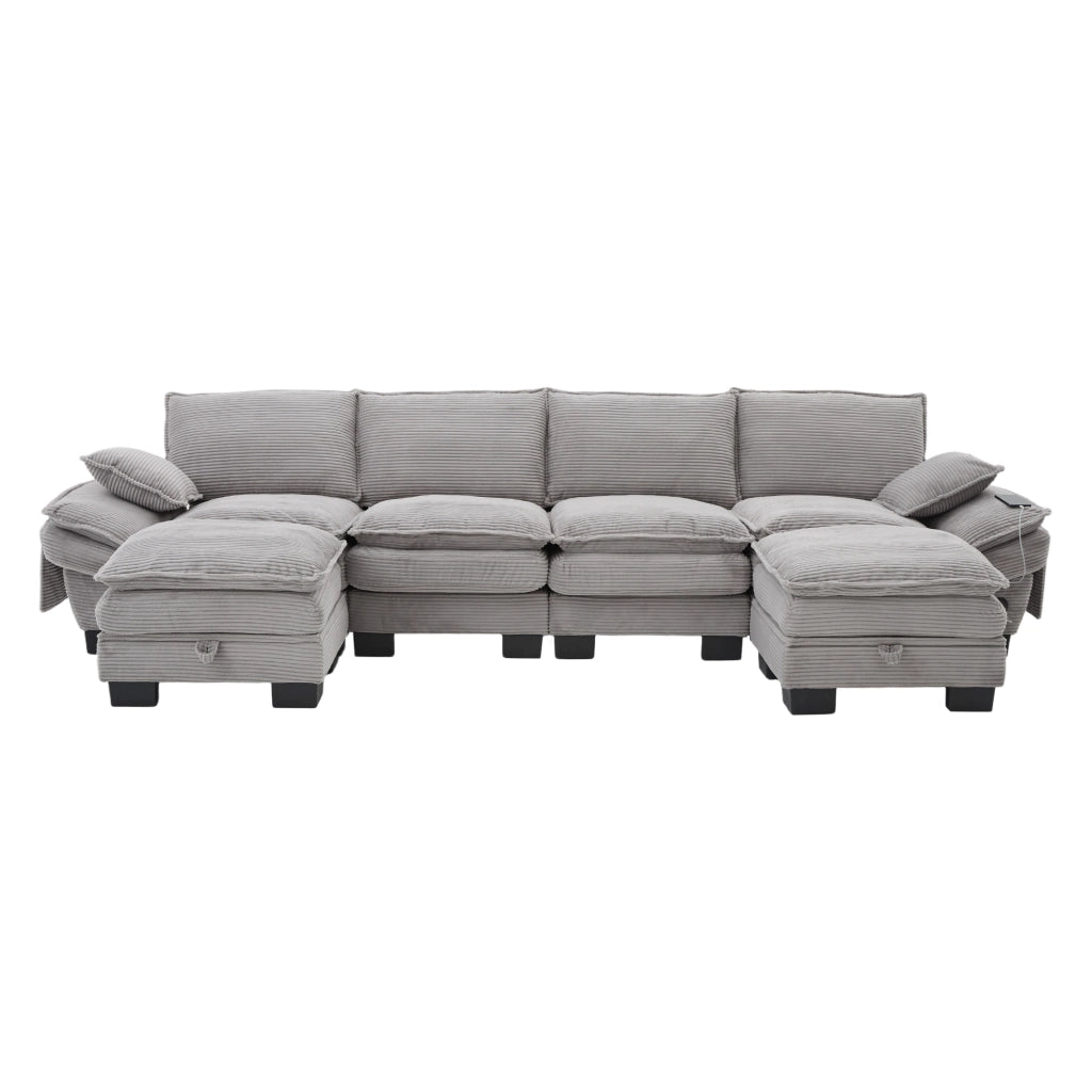 Divano 4 Posti con 2 Poggiapiedi in Tessuto ¨C MINIMAL ¨C Grigio Chiaro