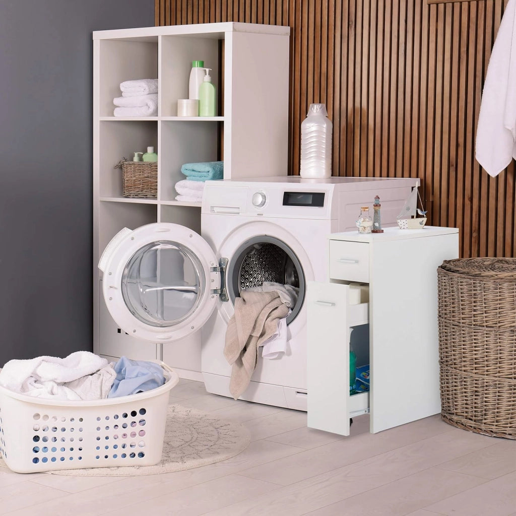 Mobile Salvaspazio Alto & Stretto, 2 Cassetti, Bagno, Cucina, Salotto, Compatto a Colonna,61,5x20x45 cm,bianco