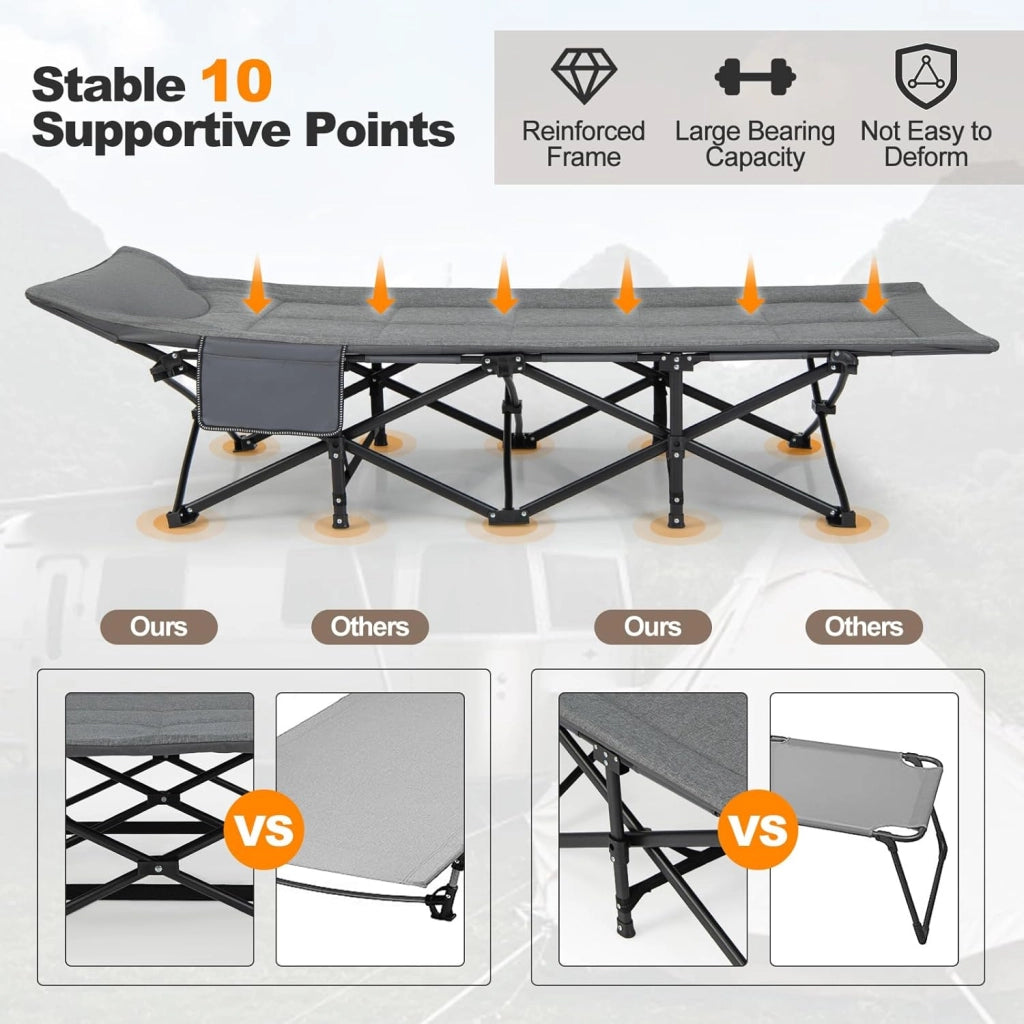 SOARS Lettino pieghevole da campeggio con cuscino integrato, letto pieghevole con tasca laterale e borsa per il trasporto, portata fino a 200 kg, per interni, esterni, 190 x 69 x 48,5 cm