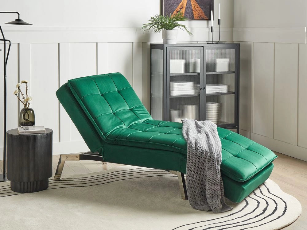 Chaise longue Velluto Verde Smeraldo capitonné Schienale e Gambe Regolabili Modern Glam
