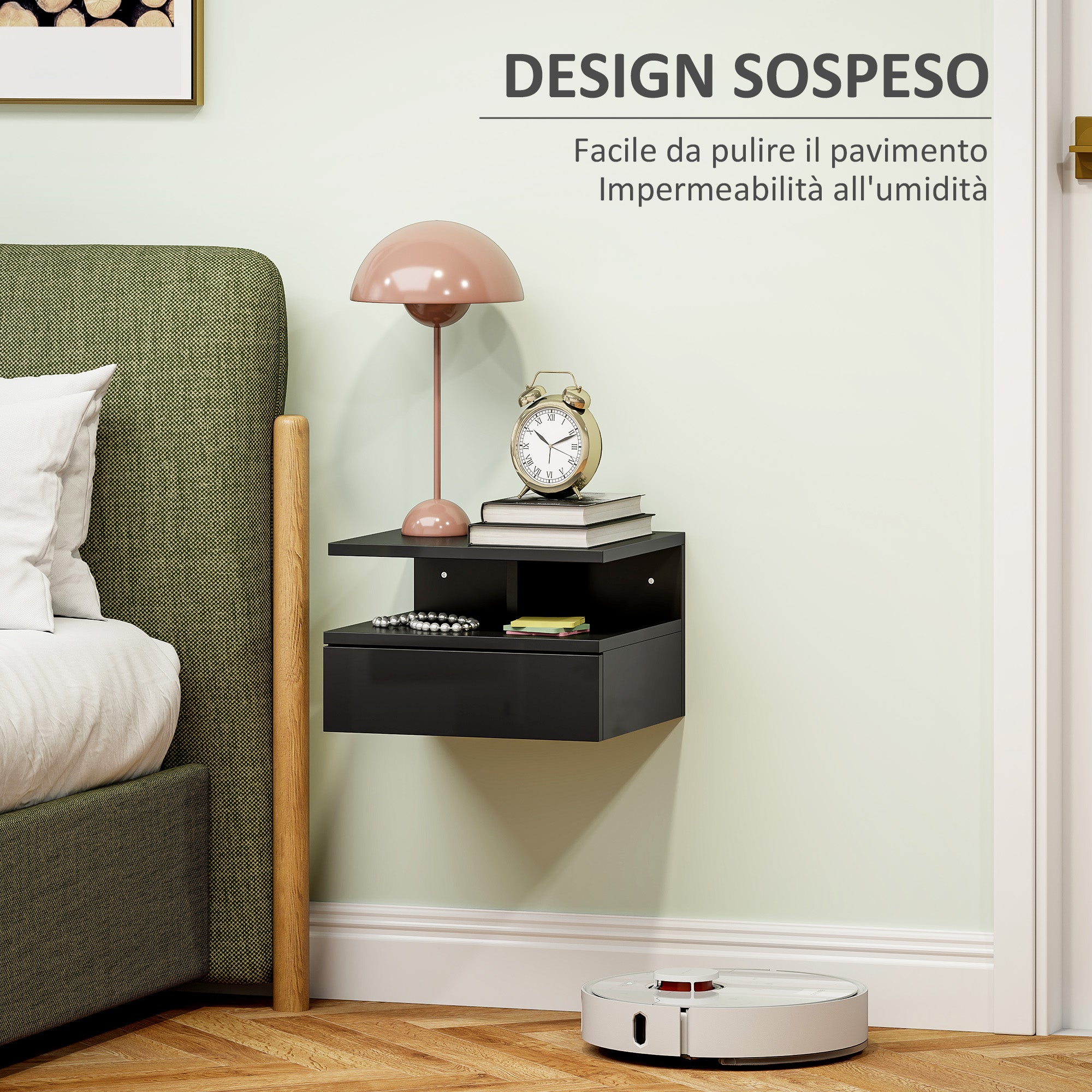 Comodino Sospeso 35x32x22,5 cm con Cassetto e Ripiano Aperto in Legno Nero Lucido