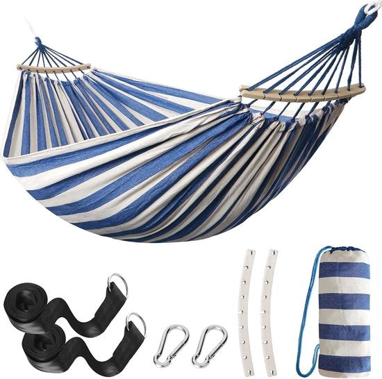 Hangmat in cotone - Comoda e sostenibile - Portatile e leggera - Ideale per campeggio all'aperto e all'interno - Con valigetta