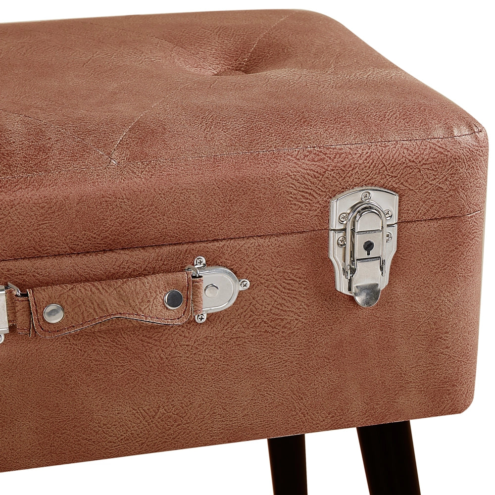 Comodino Sgabello Contenitore gambe nere imbottite in ecopelle marrone design a valigia con bottoni