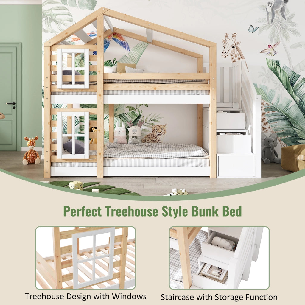 OKWISH Letto a castello casetta 90×200 cm, Letto Singolo con scala contenitore, cassetti e barriera, senza Materasso, Naturale e Bianco