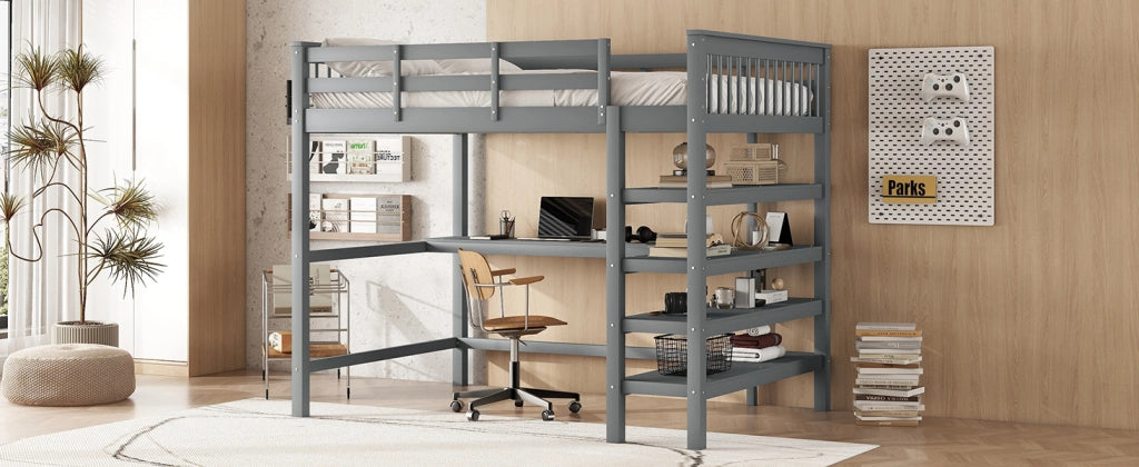 DESMIU Letto a Soppalco per Bambini 2 Posti con Scrivania e Scaffali 140 × 200 cm, Senza Materasso, in Pino, Grigio