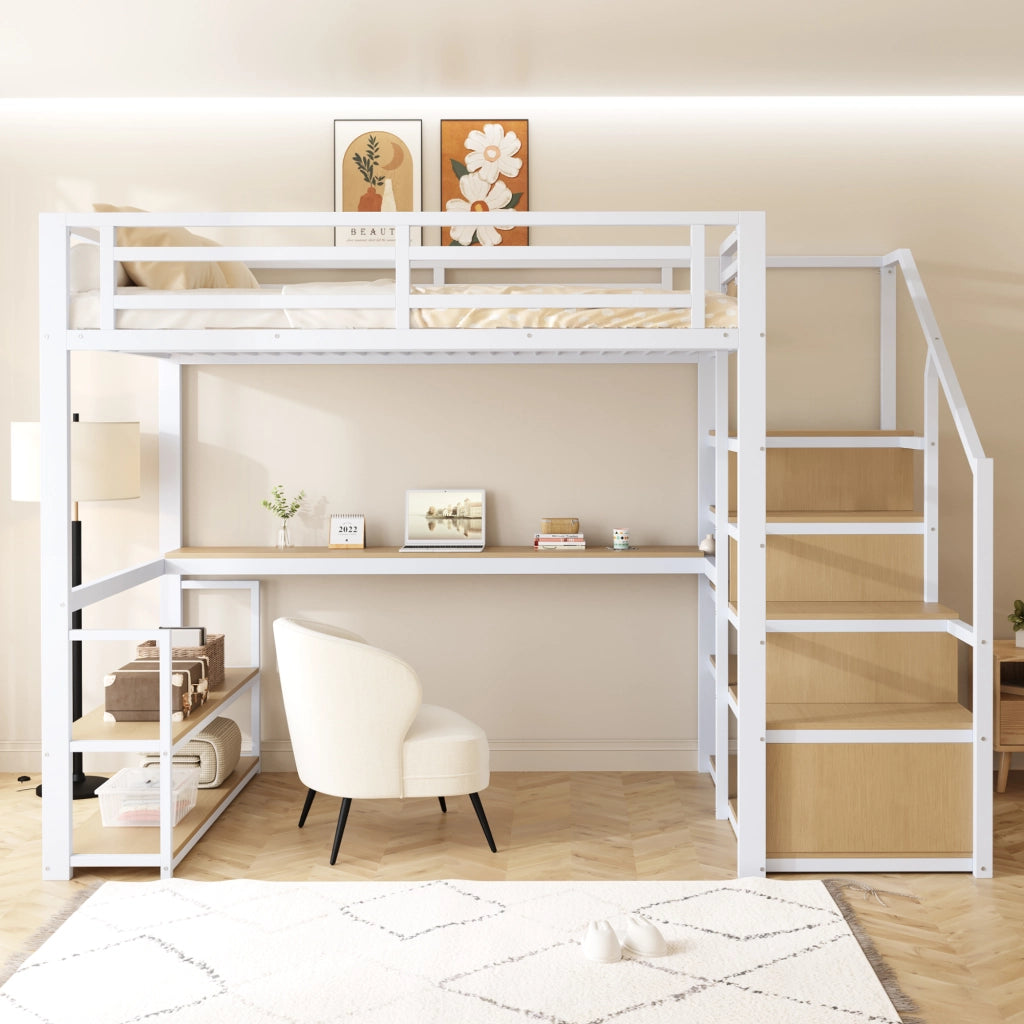 Letto a soppalco 140×200 cm con scala; ripiani; tavolo e barriera; senza materasso; metallo; bianco