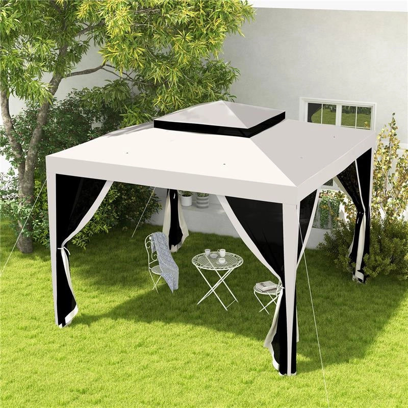 GAZEBO DA GIARDINO 3X3 M CON ZANZARIERA DOPPIO TETTO E 8 FORI IN ACCIAIO E POLIESTERE BIANCO CREMA