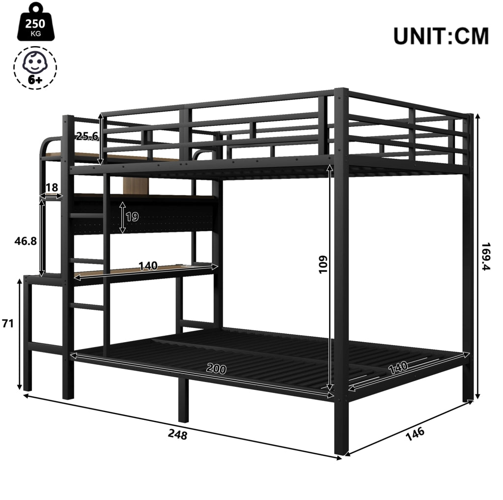 Letto a castello 140x200 cm con scrivania, scaffali, LED e USB
