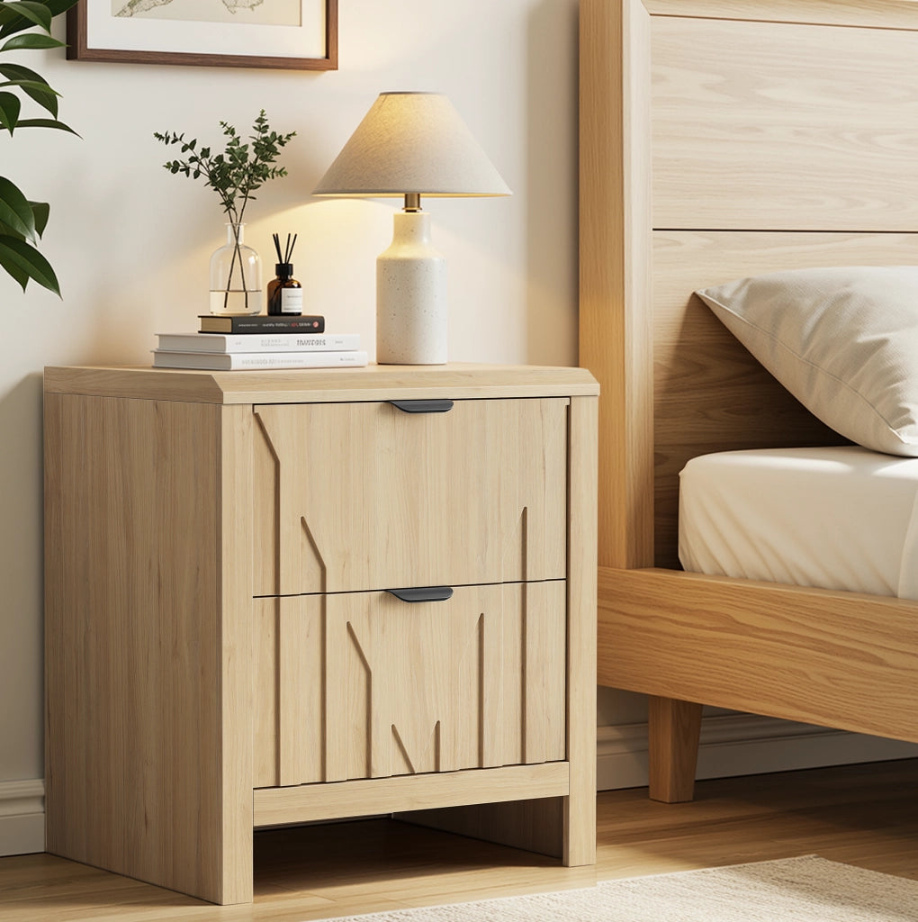 Comodino in MDF e pannello truciolare effetto rovere con cassetto