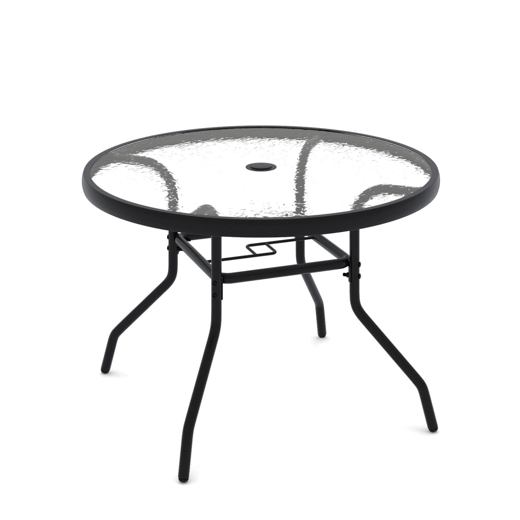 Tavolino rotondo esterno vetro temperato foro 4,2cm metallica robusta-Tavolino caffè 70x70x45,5cm giardino cortile piscina