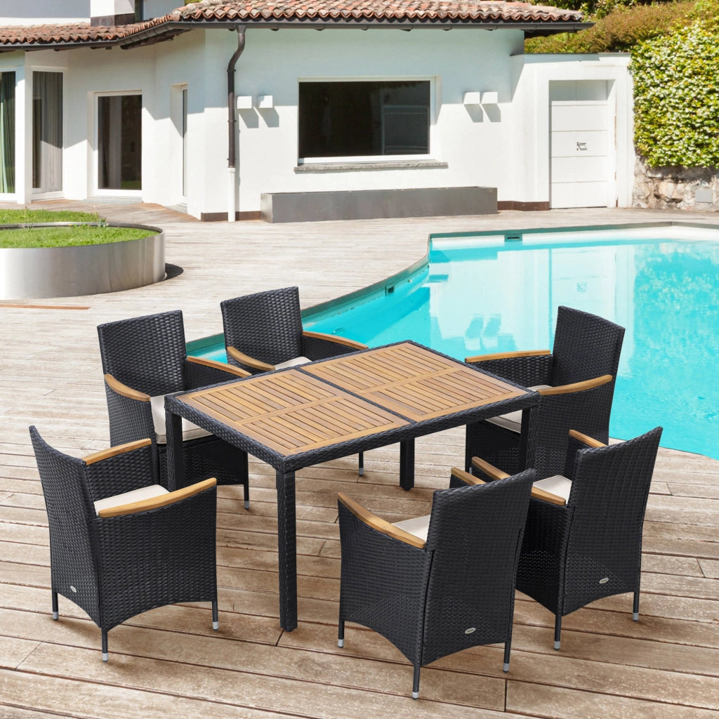 Set da giardino con tavolo da pranzo e 6 sedie ¨C Zephmum ¨C Polyrattan, acacia, nero e beige